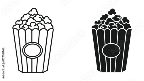 Popcorn Bucket Icons: Outline and Solid Silhouette - Movie Snack, Cinema Food, Vector Graphics
