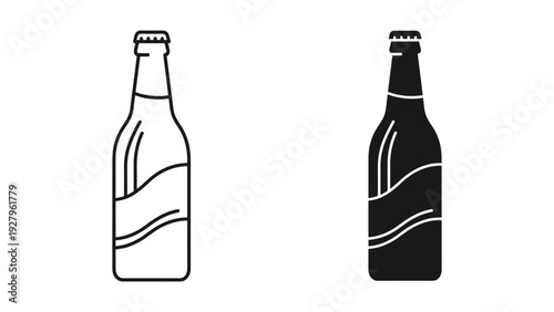 Set of two beer bottles icons: one outline and one solid black, isolated on white.