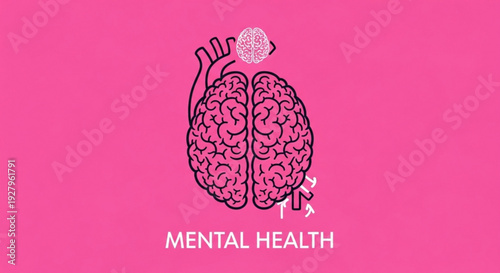 Mental health awareness illustration with brain and heart on pink background