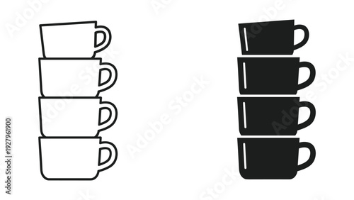 Stack of Coffee Cups Icon Set: Outline and Silhouette for Cafe or Restaurant Design