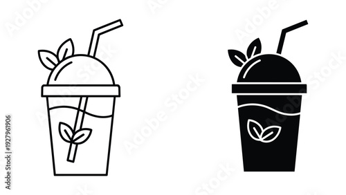 Iced Tea and Green Drink Line Art and Silhouette Icons with Mint Leaves