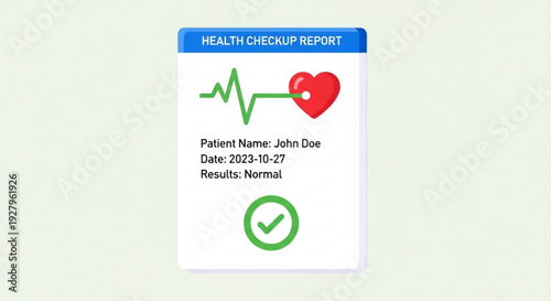 Medical health checkup report card with heart rate and normal results on screen