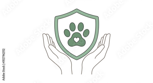 Protecting pets with care and love a green shield with a paw print and heart in hands