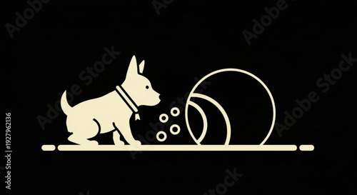Dog plays with a ball on a stick simple beige silhouette on black background fun and playful scene