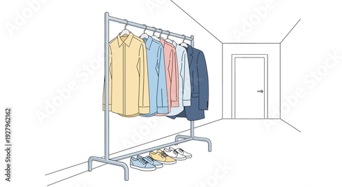 Simple line drawing of clothing rack with shirts and shoes in a minimalist room.