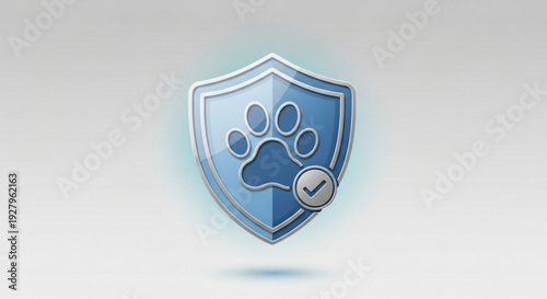 Blue shield icon with paw print and checkmark on gray background symbolizing protection and security