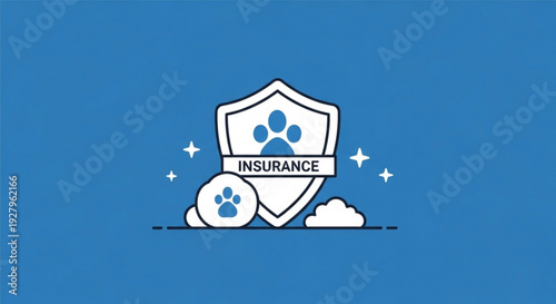 Pet protection and safety concept with shield paw print and insurance text on blue background