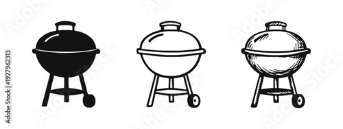BBQ Grill Icons Set - Barbecue, Outdoor Cooking, and Picnic Symbols in Various Styles
