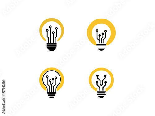 Four stylized lightbulbs with internal circuit board designs on a white background