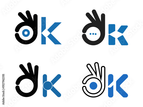 Four variations of a blue and black hand gesture forming the ok sign