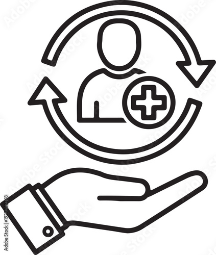 Medical support icon with circular arrows and human profile plus symbol held by open hand representing health assistance patient care system or wellness management plan