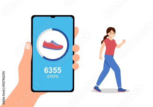 Girl using mobile for counting steps. Step counter app on smartphone. Track daily walking progress on device screen. Healthy lifestyle concept.