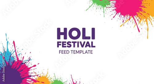 Vibrant Holi Festival Day social media template with colorful splash design and purple text on a white background