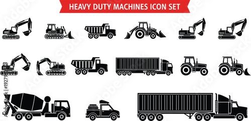 Heavy Duty Machines Silhouette Icon Set Featuring Excavator Dump Truck Bulldozer Tractor Trailer and Industrial Construction Equipment Collection