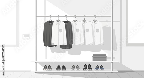 Fashionable clothing and shoes displayed in a modern retail store window.