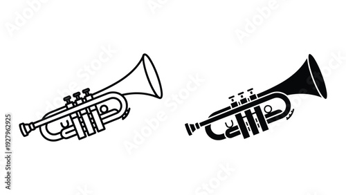 Two trumpets in contrasting black and white illustrations