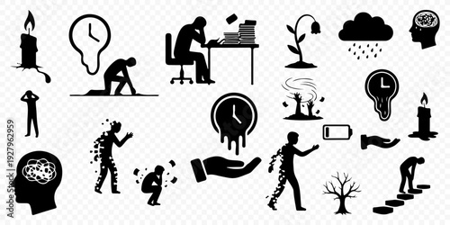 Set of mental burnout and emotional exhaustion silhouettes, featuring stress, depression, time pressure, and professional fatigue symbols isolated