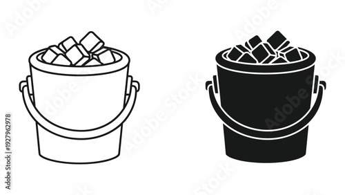 Ice bucket with ice cubes in modern line art style