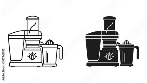 Modern electric juicers in black and white line art styles