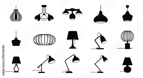 Collection of various black lamp designs arranged on a white background silhouette