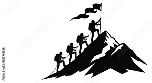 Mountain climbers ascending a peak helping each other reach the summit silhouette