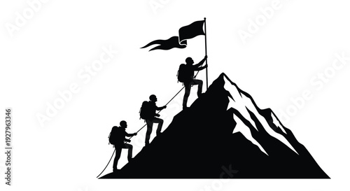Hikers ascending a mountain peak assisting each other in a dark silhouette