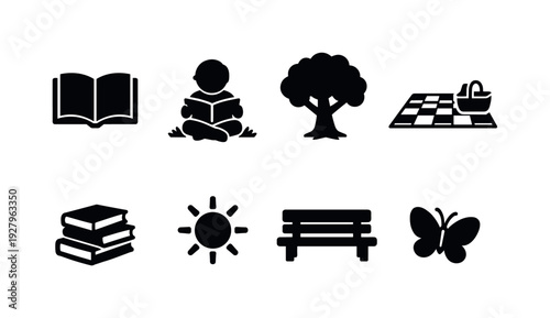 Outdoor adventure silhouette icon collection featuring camping and travel themed symbols