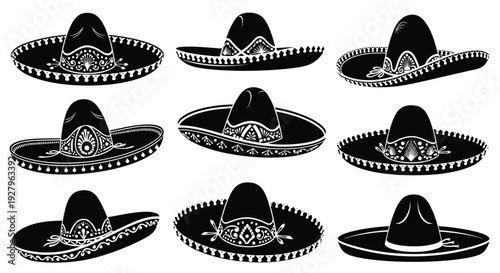 Collection of traditional mexican sombreros in various styles black silhouette
