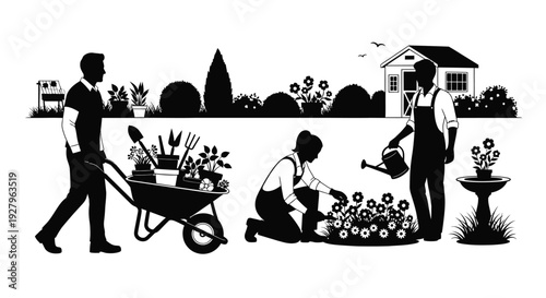 Family gardening in a backyard scene with distinctive black silhouette
