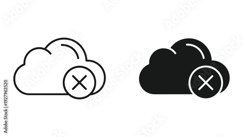 Cloud computing error icon set in black outline and filled styles