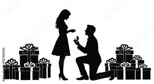Romantic proposal scene with gifts featuring a striking black silhouette