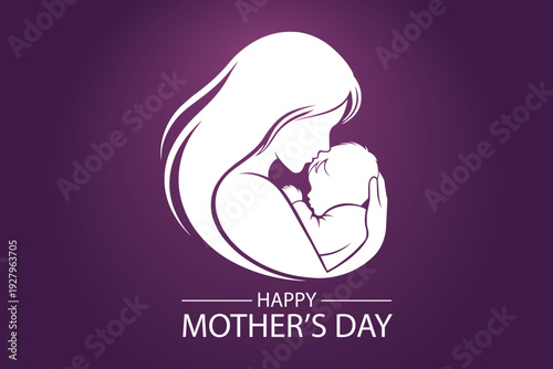 Happy Mothers Day Vector Illustration with Mother and Baby Silhouette on Purple Background