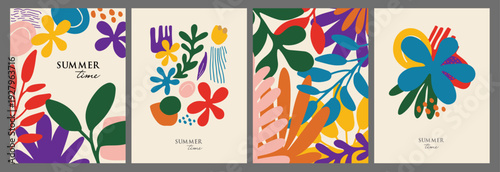 Set of modern abstract floral posters with minimalist botanical elements and bold color blocks. Contemporary graphic design with stylized leaves and organic shapes in trendy palette.