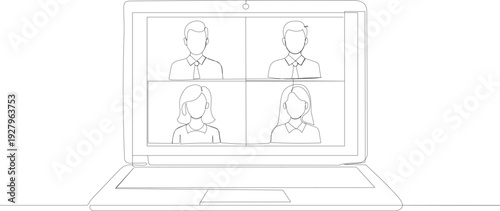 video call for online discussion Continuous one line drawing of laptop screen with people