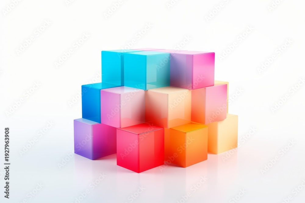 Fototapeta premium Gradient colored glass cubes arranged in an abstract, reflective pyramid like structure