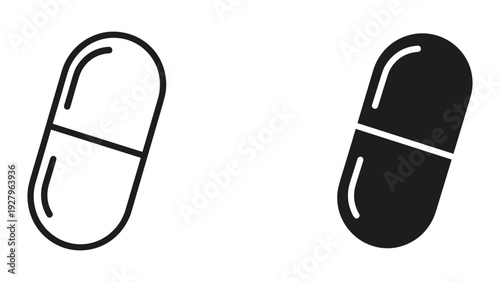 Black and white pill capsule icons for medical use