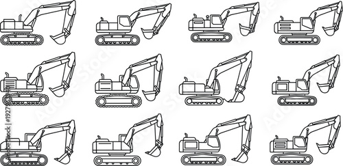 Excavator Construction Machine Line Icons Set Featuring Crawler Digger Variations Heavy Equipment Industrial Engineering Vector Collection