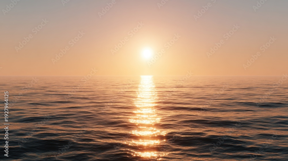 Obraz premium Serene Sunset Over Calm Ocean Water Reflecting Dazzling Sunlight in a Tranquil Twilight Sky