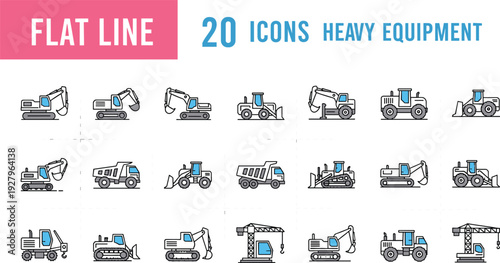 Flat Line Heavy Equipment Icons Set Featuring Excavator Bulldozer Dump Truck Crane Loader and Industrial Construction Machinery Vector Collection