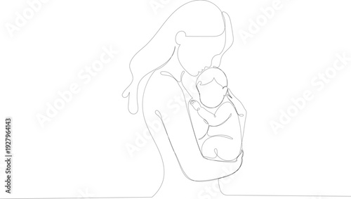 unique Continuous one line drawing of mother holding and hugging her little baby with love and care