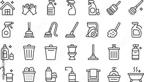 Cleaning and housekeeping line icons set, home sanitation equipment tools bathroom kitchen hygiene vector collection isolated on white background