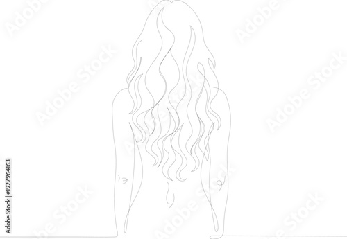 woman with long wavy hair from back view Continuous one line drawing beauty and hair care