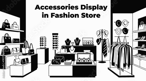 Fashion accessories displayed in a store black and white vector representing style trends retail business and modern lifestyle branding