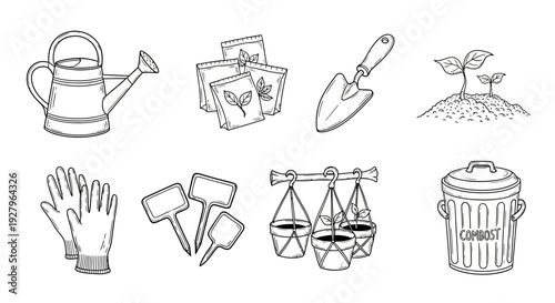 Gardening and Recycling Line Art Icons Set with Watering Can and Plant Tools