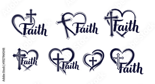 Elegant Christian Faith Cross Heart Vector Set Spiritual Typography Calligraphy Brushstroke Designs Collection