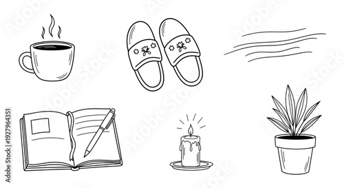 Cozy Home Relaxation Line Art Set with Coffee, Book and Slippers