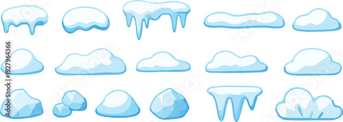 unique Cartoon Snow Caps and Icicles Set, Winter Ice Elements Collection on White Background Vector