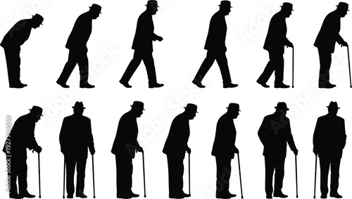 Comprehensive Elderly Man Silhouette Set Featuring Vector Symbols of Senior Citizen Wearing Hat Walking with Stick Standing