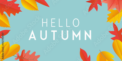 Hello autumn text with colorful falling leaves on a blue background