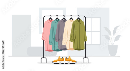 Clothing rack with assorted garments and shoes in a minimalist setting.